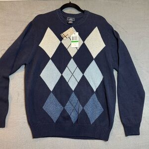 Dockers Men's Blue Argyle Crewneck Sweater, NWT, Size L, 100% cotton
